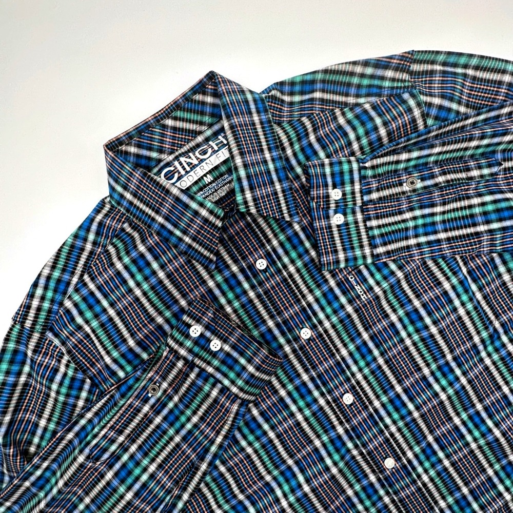 Cinch Modern Fit Mens Plaid Button Down Shirt Blue Green MTW1330029 Size M